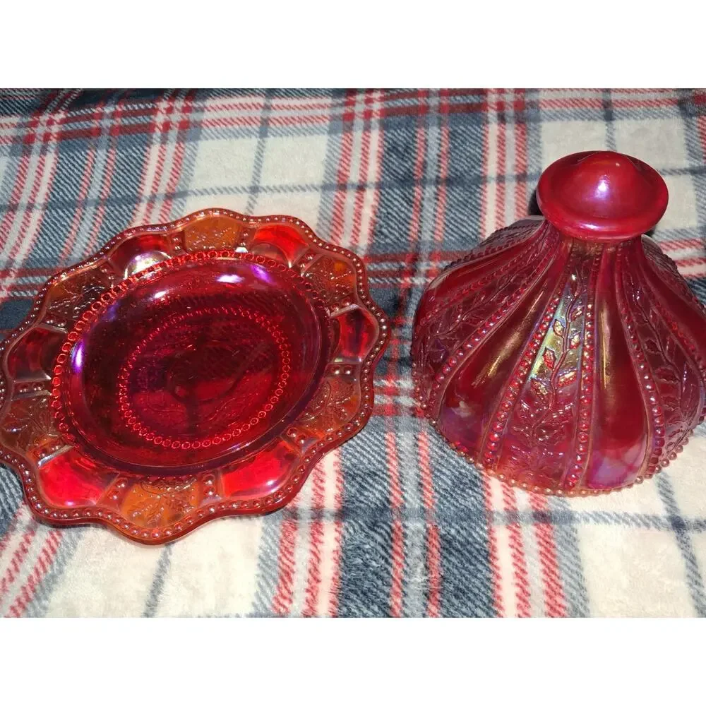 Vintage Amberlina Carnival Glass Domed Butter Dish Beaded Holly Summit UV